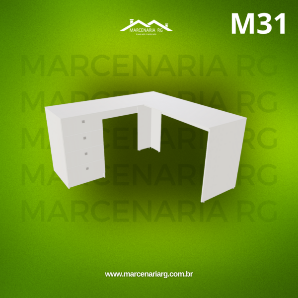 MESA COM 1 GAVETEIRO DE 4 GAVETAS DE  1 LADO ESQUERDO OU DIREITO M31 "MEDIDAS  MÁXIMAS E MÍNIMAS"